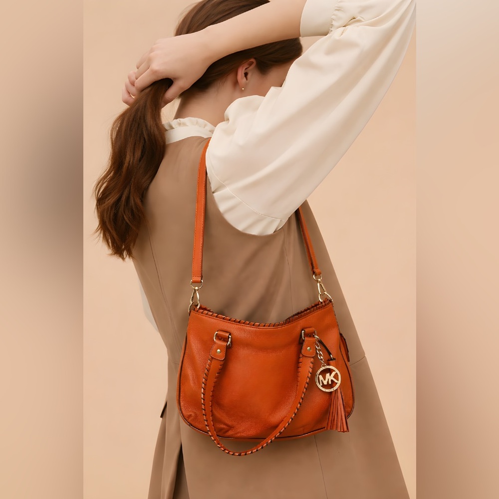 MICHAEL KORS Whipstitch Tassel Shoulder Bag with Orange Pebbled Soft Leather